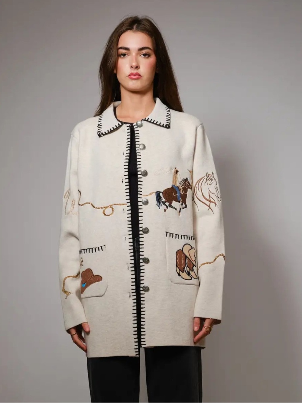 Blue B women’s rodeo western inspired embroidered motif wool sweater jacket